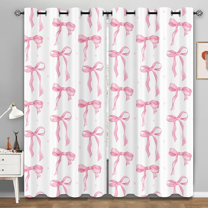 LUVIVIHOME Pink Bow Curtains, Cute Blackout Curtains for Girls Bedroom, Kids Room Decor, Aesthetic Girly Curtains, 2 Panel Sets, 52x63 Inch