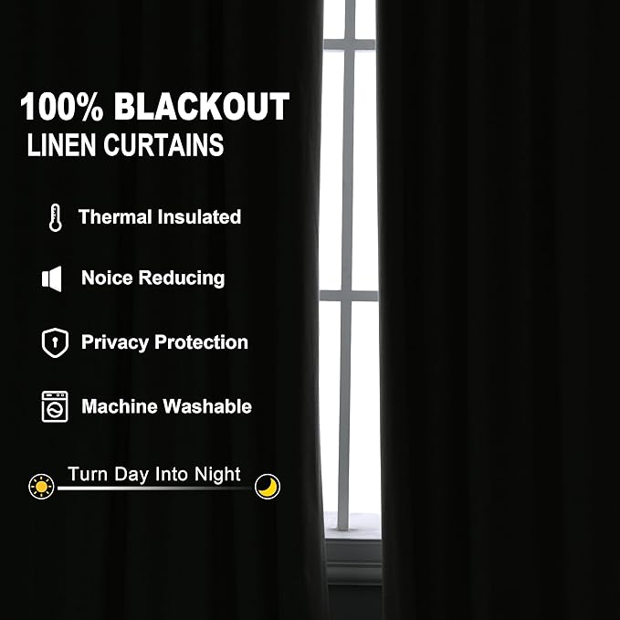 Joywell 100% Blackout Linen Curtains 96 Inches Long for Boys Bedroom Black Out Curtain Room Darkening Drapes for Sliding Glass Door Window Rod Pocket Back Tab 2 Panels Set,52 x 96,Blue