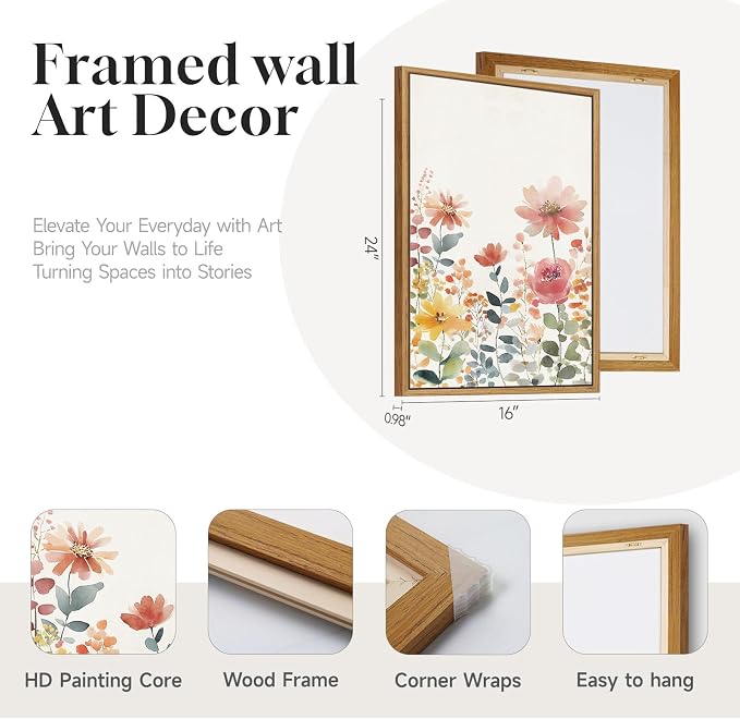 Framed Watercolor Botanical Wall Art for Bedroom, 3 Piece Colorful Floral Canvas Artwork for Walls, Large Farmhouse Wildflower Flower Prints Paintings for Living Room Entryway Wall Decor 16x24 Inch