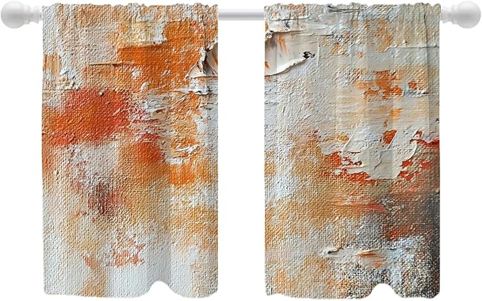 Shrahala Brushstrokes of Paint Blackout Curtain Tiers, Orange Grey Canvas Texture Kitchen Valance Light Blocking Tier Drapes with Rod Pocket, 2 Pack 26 X 36 in