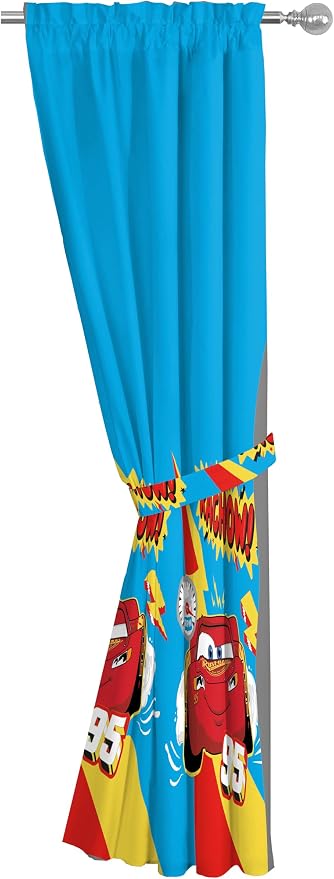 Sunny Side Up Window Curtains for Kids Bedroom 4-Piece Drape Set with 2 Tiebacks, Blue - Cars, 42" W x 63" L (Pack of 2)