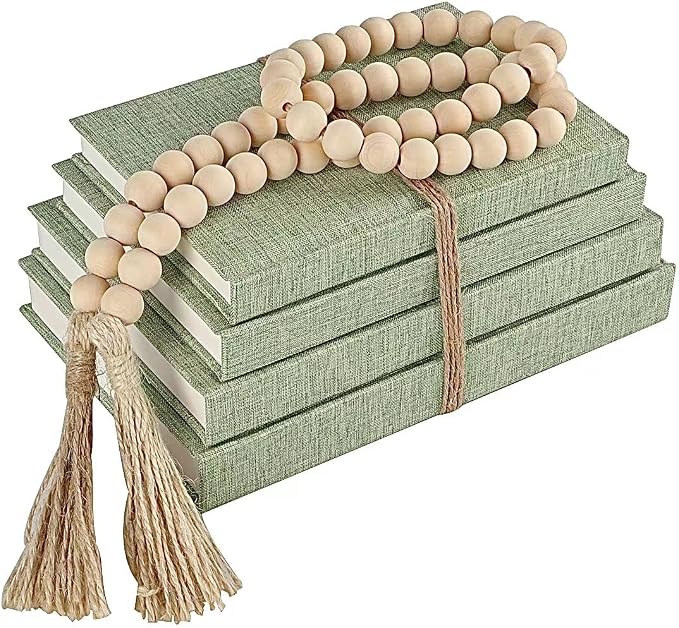 Linen Covered Decorative Books 4 Pieces, Neutral Home Decor Coffee Table Books with Wooden Beaded Tassel, Stacked Books for Rustic Farmhouse Modern, Boho, Bookshelf, Fireplace Mantel Decor, Sage