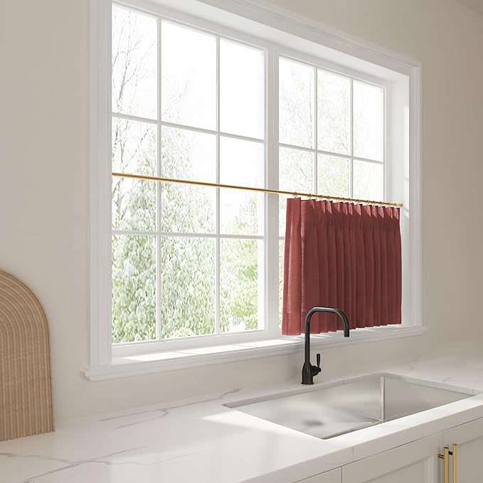 TWOPAGES 26" W x 24" L Linen Blend Cafe Curtains for Kitchen Window, Light Filtering Pinch Pleated Tier Curtains, Modern Farmhouse Half Window Curtains for Bathroom, Cinnabar, 2 Panels