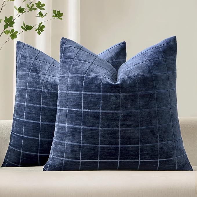 MIULEE Navy Blue Plaid Decorative Throw Pillow Covers 20x20 Set of 2 | Vintage Check Chenille Couch Pillows Neutral Boho Farmhouse Cushion Covers Modern Home Decor for Sofa Bed Living Room