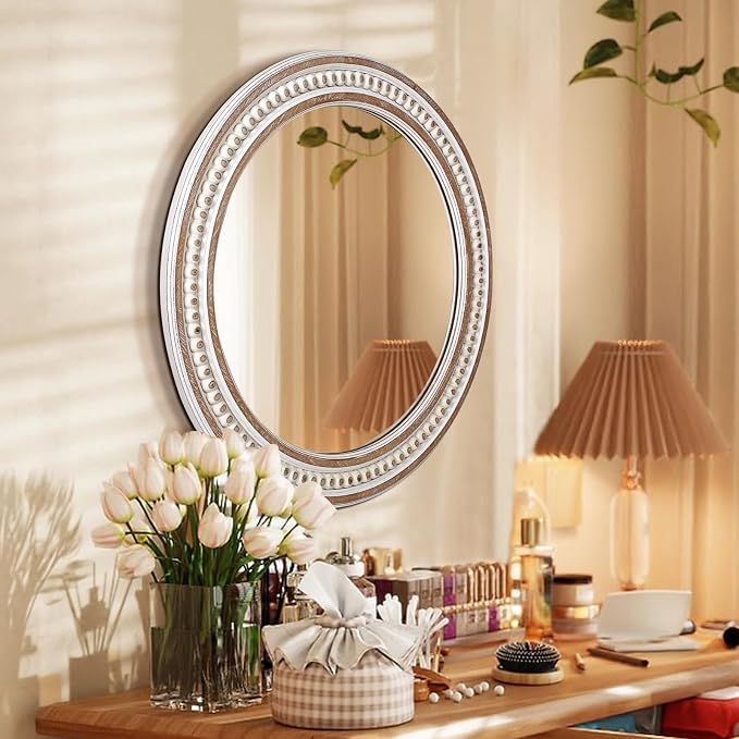 24 Inch Round Bathroom Mirror, Wooden Circular Mirrors for Wall Decor | Rustic Farmhouse Styling Adds Cozy Character Above Sinks, Vanities, Consoles, Dressers, Mantels, or Sofas