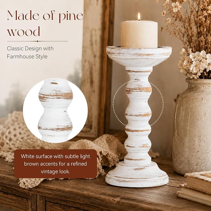 Candeldo Wood Candle Holder for Pillar, White Farmhouse Fireplace Decor | Set of 3, Table Centerpiece, Tall Shabby Chic Decor, Wooden Rustic Decorations for Mantle