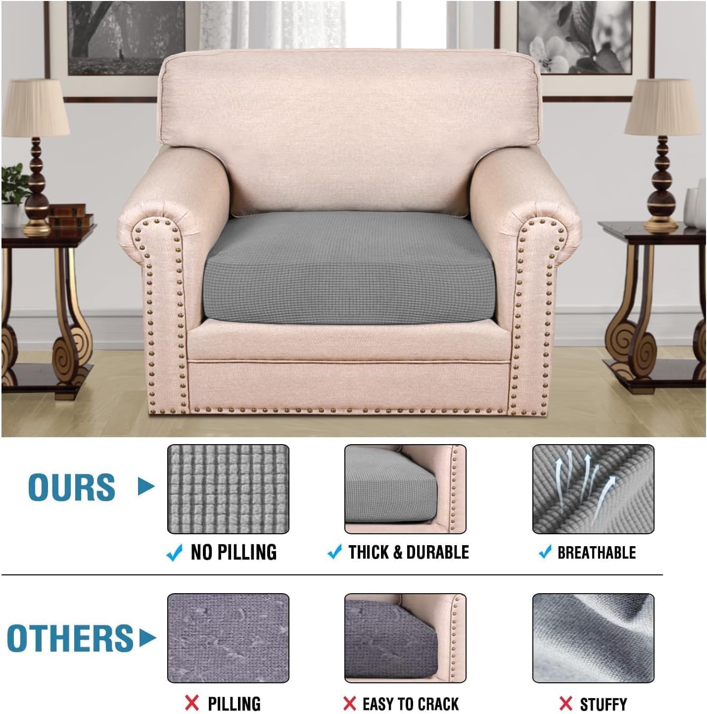 H.VERSAILTEX Super Stretch Individual Seat Cushion Covers Sofa Covers Couch Cushion Covers Slipcover Sets Thick Jacquard Textured Twill Fabric (1 Piece Chair Cushion Cover, Dove)