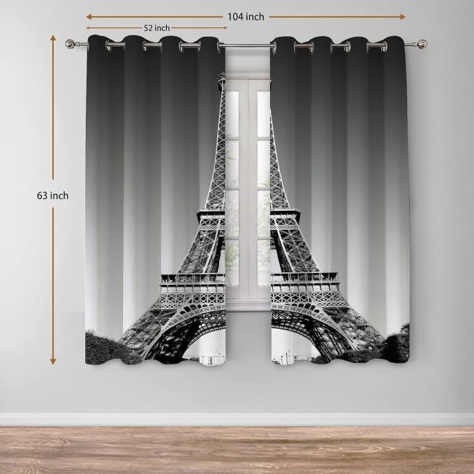 Jekeno Paris Eiffel Tower Blackout Curtains Paris Landmark Picture of Famous Place Cityscape Scene Decor for Bedroom Living Room Grommet Window Drapes 2 Panel Set, 52"x63"