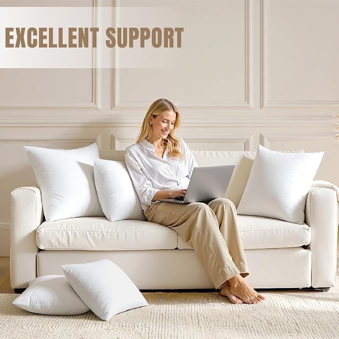 MIULEE 22x22 Inch Pillow Inserts Pack of 4-100% Cotton Cover | White Throw Pillow with 100% Virgin Microfiber for Bed Sofa Couch Living Room, All-Season Decorative Back Support
