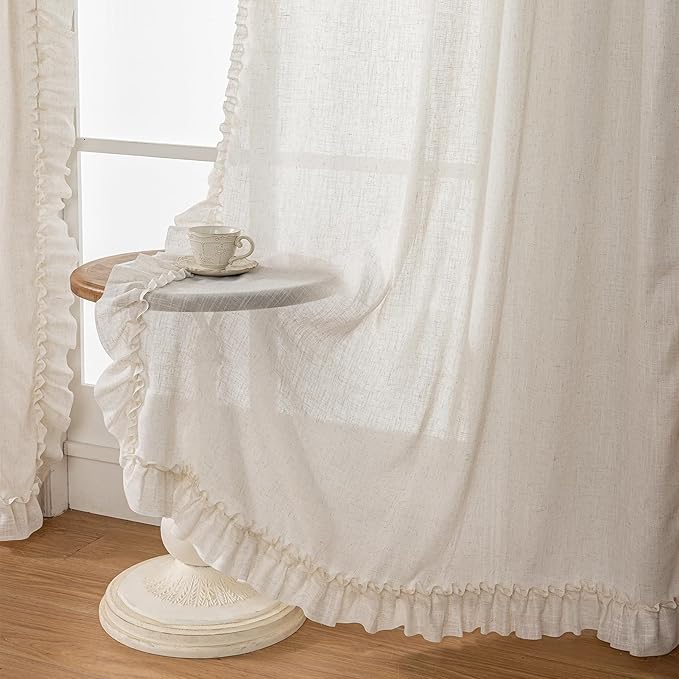 Natural Linen Ruffled Curtains for Bedroom, 2 Panels W47 x L72 Inch Light Filtering Semi-Sheer Linen Curtains Rod Pocket Shabby Chic French Country Boho Style Vintage Privacy Window Drapes Ruched Edge