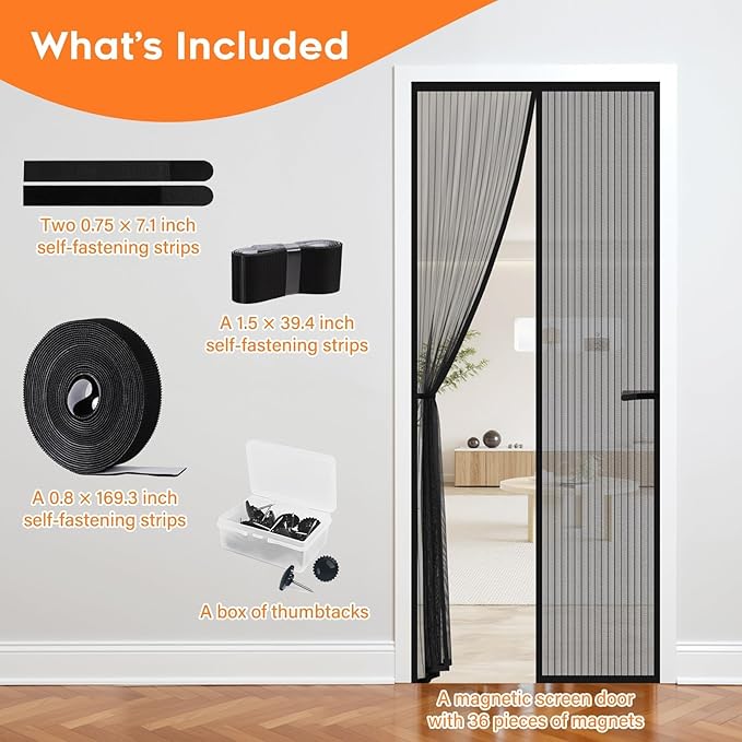 Magnetic Screen Door, Screen Door Mesh, Heavy-Duty Mesh Curtain, Door Net Keep Bugs Out, Hands Free Partition, Screen Size 34” × 82”, Fits 32” × 80” Doors, Pet & Kid Friendly, Black
