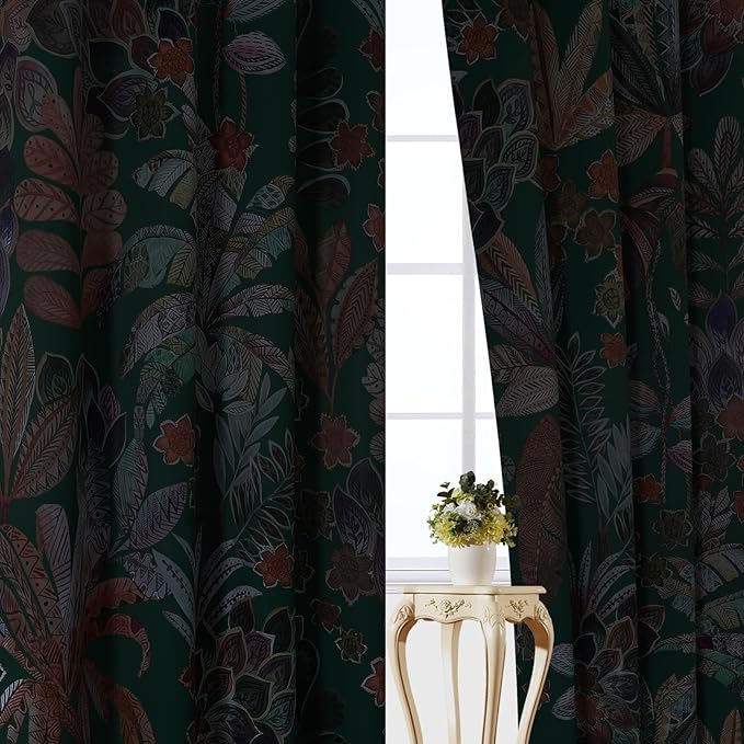 Estelar Textiler Green Printed Blackout Curtains 90 inches Long Living Room,Boho Bedroom Curtains Grommet Thermal Insulated Room Darkening Leaves and Petals Pattern Drapes,52x90 Inch,2 Panels
