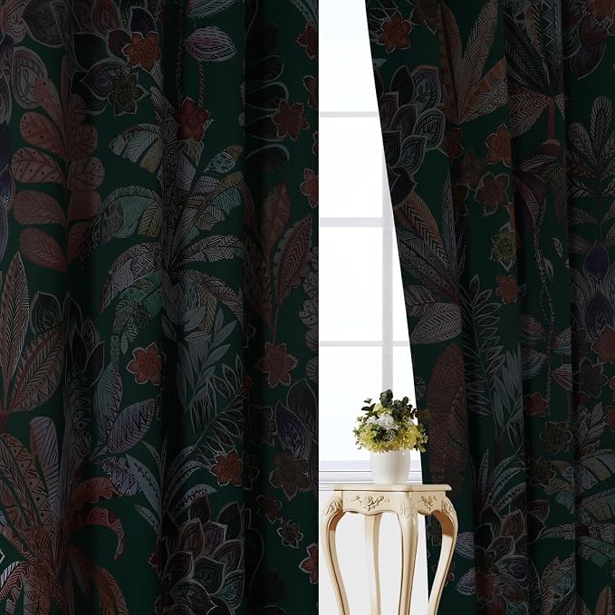 Estelar Textiler Green Blackout Curtains 108 inch Long 2 Panels for Bedroom,Leaf and Petal Pattern Room Darkening Thermal Insulated Boho Decoration Window Grommet Drapes for Living Room,52Wx108L