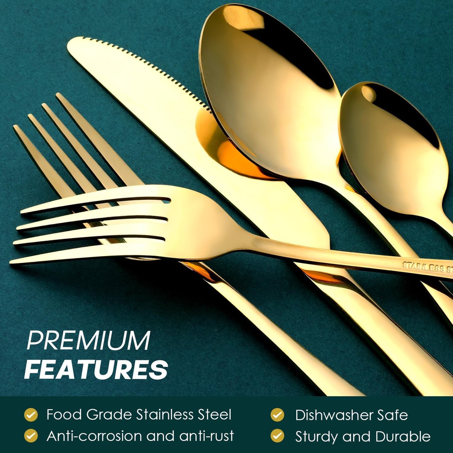 Gold Silverware Set for 8, OGORI 45-Piece Stainless Steel Flatware Set with Serving Set, Mirror Polished Cutlery Set with Serving Utensils Spoon for Kitchen Party Supply