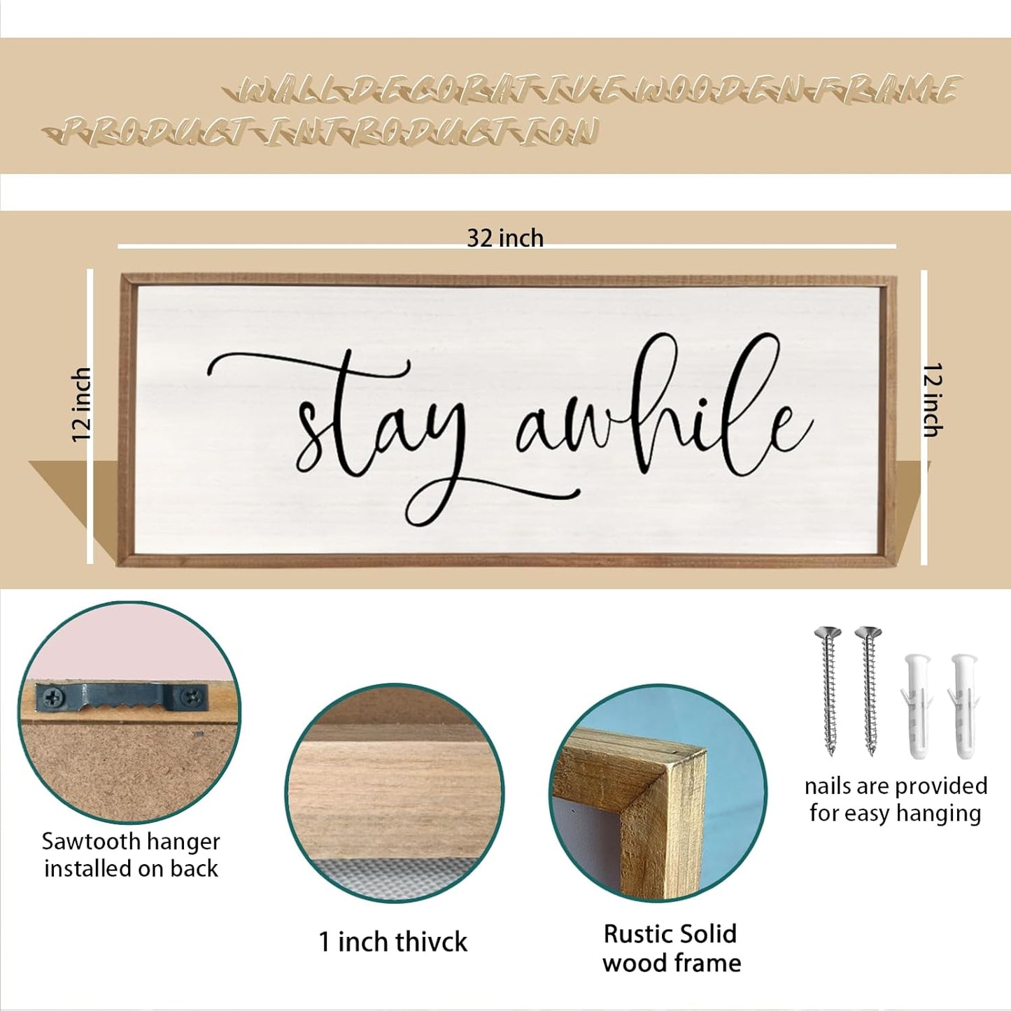 Stay Awhile Sign Wall Decor 32"X12" Large Living Room Entryway Wood Framed Rustic Wall Decor for Vintage Farmhouse Foyer Hanging Lets Stay Home Wall Art (Wood)