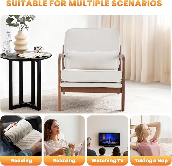 DUMOS Mid Century Modern Accent Chair, Upholstered Armchair with Lumbar Pillow and Solid Wood Frame, Low Side Sitting Chair for Small Living Room, Bedroom, Balcony, Home Corner, Beige
