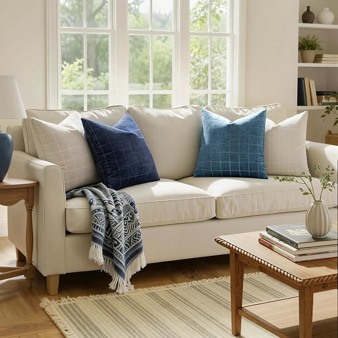 MIULEE Blue Plaid Decorative Throw Pillow Covers 20x20 Set of 2 | Vintage Check Chenille Couch Pillows Neutral Boho Farmhouse Cushion Covers Modern Home Decor for Sofa Bed Living Room