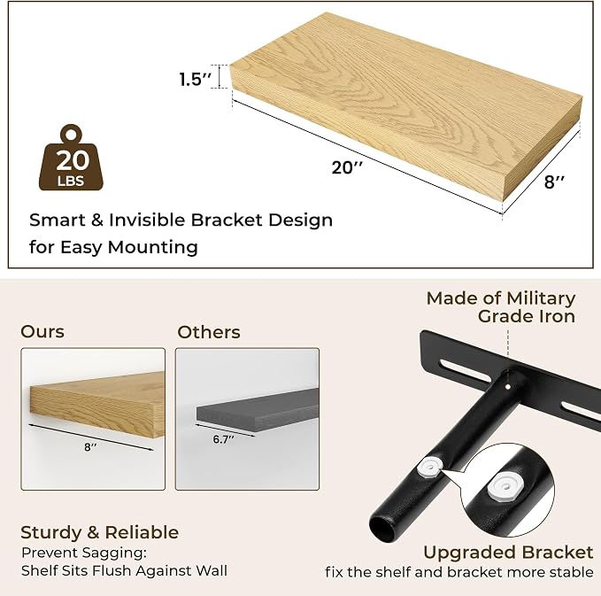 RICHFOCUS 20Inch Floating Shelves for Wall 2 Pack Shelves for Plant|Bedroom|Kitchen|Bathroom Rustic Wood Wall Mounted Shelf with Invisible Brackets for Books|Storage|Decor, Rustic White