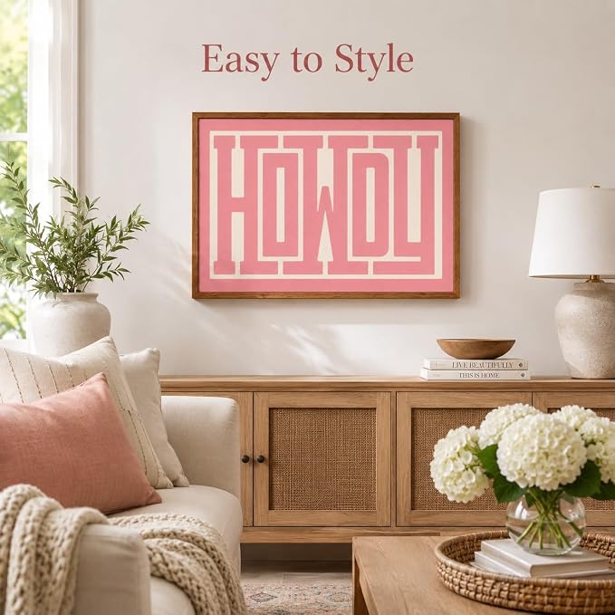 QIYFFBN Framed Pink Howdy Wall Art Western Cowgirl Picture Decor 16x24in | Cream Preppy Canvas Painting,Retro Southwestern Country Prints,Farmhouse Living Room Bedroom For Teen Girls Wall Decor