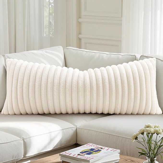 decorUhome Fall Cozy Faux Fur Throw Pillow Covers 14x36 Pack of 1 Decorative Soft Plush Striped Lumbar Modern Farmhouse Boho Couch Pillow Cases with Velvet Back for Sofa Bed Living Room, Cream White