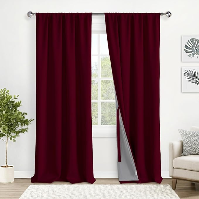 XWZO 100% Blackout Curtains with Tiebacks- Heat and Full Light Blocking Window Drapes for Home Theater, 95 Inches Long Thermal Insulated Draperies, Rod Pocket & Back Tab, Burgundy, W52 x L95, 2 Panels