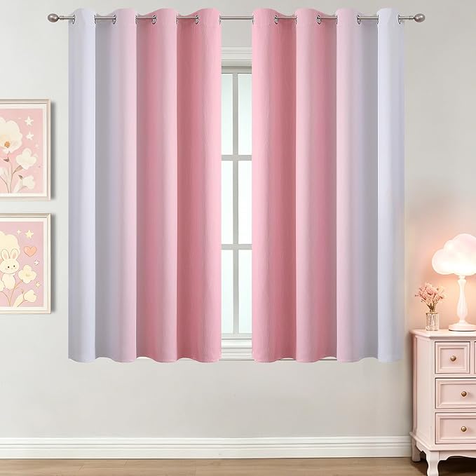 Estelar Textiler Pink and Greyish White Ombre Blackout Curtains 45 Inch Long for Kids Bedroom, Room Darkening Thermal Insulated Grommet Gradient Window Drapes for Living Room/Nursery, 52Wx45L,2 Panels