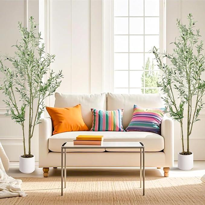 Artificial Fake Olive Tree 6FT Tall 2Pack with White Planter Faux Silk Olive Tree for Home Living Room Office Decor Faux Artificial Plants Indoor with Fruit & Free Moss