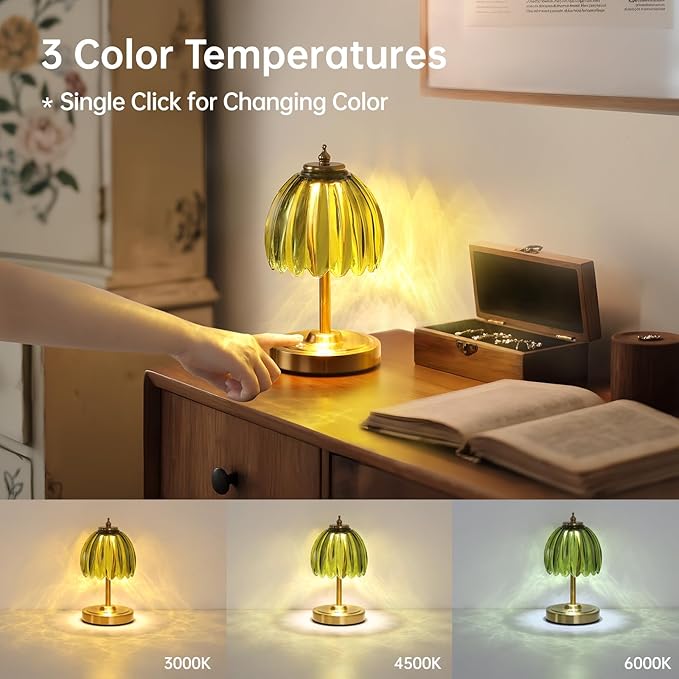 Shenmoyl Tulip Small Table Lamp, 5200mAh Cordless Touch Control Mini Table Lamp with 3 Color Temps & Stepless Dimming, Perfect for Small Spaces Like Dressers, Bedsides, Bookshelves (Green Tulip)