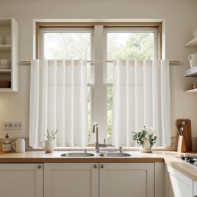 Nanspring Cafe Linen Curtains 40 Inch Length Cream Privacy Semi Sheer Light Filtering Back Tab and Rod Pocket Drapes for Basement/Loft Room Small Window 34 x 40 Inch,2 Panels
