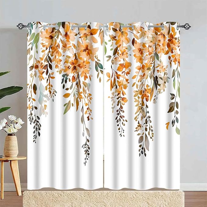Orange Watercolor Floral Blackout Curtains 42x84 Inch 2 Panels | Botanical Leaves Vine Flowers, Rustic Farmhouse, Blackout Window Treatment, For Bedroom Living Room