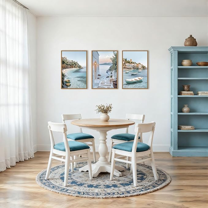 Greek Island Coastal Framed Canvas Wall Art Set,Modern Mediterranean Whitewashed Architecture Scenery Wall Decor,Natural Blue Beach Boat Landscape Artwork for Living Room,Farmhouse- 16"x24"x3
