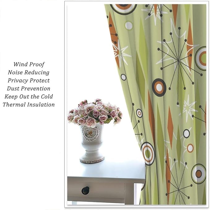 JESTRONRY Mid Century Curtains,Vintage 1950s Modern Retro Atomic Pattern Blackout Rod Pocket Window Drapes for Living Room Bedroom Kitchen Bathroom Home Decor 72x63in