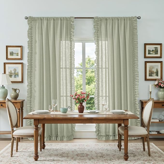 Light Sage Green Farmhouse Curtains for Bedroom, 2 Panels W47 x L72 Inch Light Filtering Semi-Sheer Linen Textured Ruffled Curtains Rod Pocket Shabby Chic French Country Vintage Privacy Window Drapes