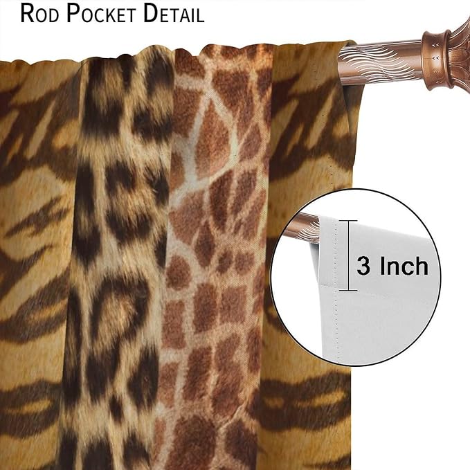 Leopard Print Blackout Curtain, Retro Wild Animal Skin Farmhouse Fur Leopard Print Drapes, Window Treatments Rod Pocket 2 Panels Curtains for Dining Room Office Living Room Deocr 55"W X 63"L