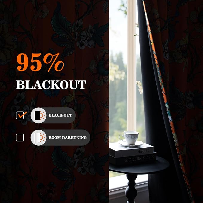 MYSKY HOME Floral 95% Blackout Curtains 108 inches Length 2 Panels Set Black Out Thermal Insulated Privacy Protect Vintage Spring Window Treatment Grommet Top for Living Room Dining Room, Orange