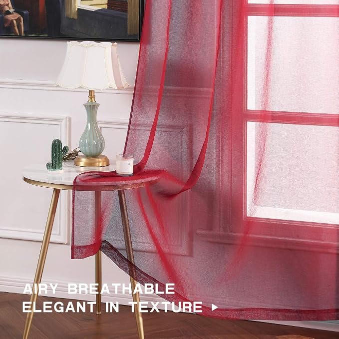 MIULEE 2 Panels Burgundy Red Semi Sheer Window Curtains Elegant Christmas Decor Grommet Top Voile Drapes Window Treatment Linen Textured Panels for Bedroom Living Room (54X96 inch Length)
