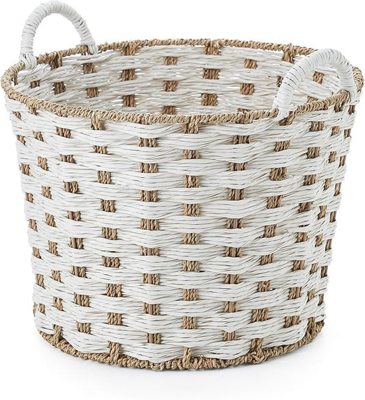 Large Round Natural Seagress with Faux Wicker Handles