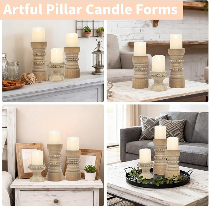 Rustic Natural Wood Candle Holders Set of 3, Farmhouse Beaded Wood Pillar Candle Holder, Candle Holders for Pillar Candles & Candlesticks, Candle Sticks Holder Decor for Table Centerpiece