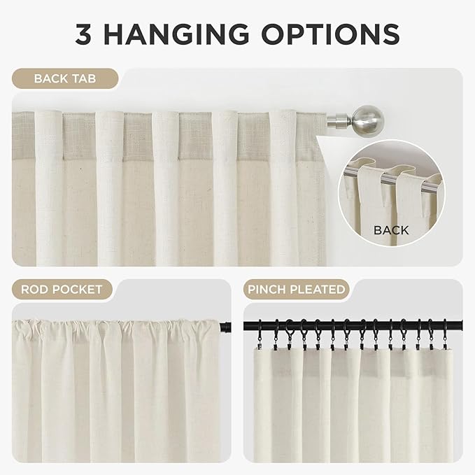 Joydeco Linen Curtains for Living Room,Light Filtering Rod Pocket Back Tab Semi Sheer Drapes Window Long Curtains 90 inches Long Ivory
