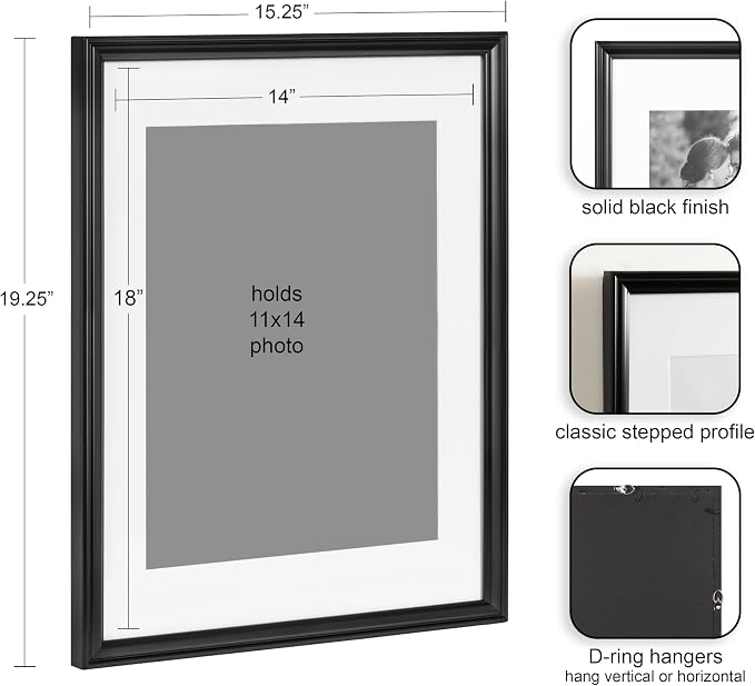 Kate and Laurel Adlynn Rectangle Picture Frame Set of 3; 14 x 18 matted to 11 x 14; Black; Modern Three-Piece Frame Set for Gallery Wall Frame Set in Living Room Wall Decor