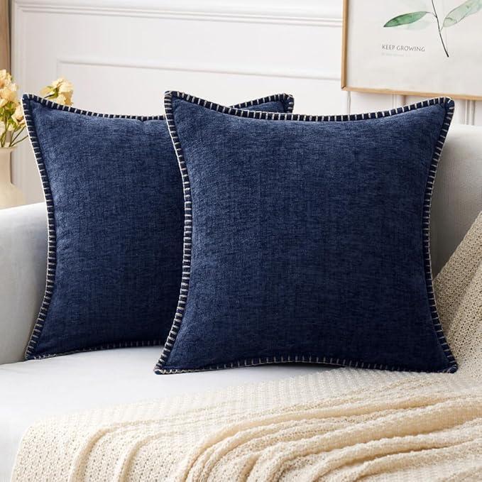 MIULEE Pack of 2 Couch Throw Pillow Covers 20x20 Inch Navy Blue Farmhouse Decorative Pillow Covers with Stitched Edge Soft Chenille Solid Dyed Pillow Covers for Sofa Bed Living Room