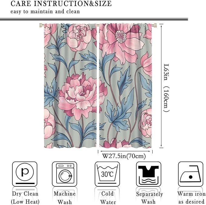 Floral Blackout Window Curtain, Flourish Ornamental Blossom Rose Style Print for Home Kitchen Livingroom Coffee Room Curtains Drapes 2 Panels 55x63in