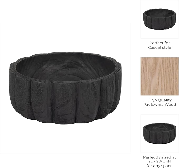 Decorative Wood Scalloped Bowl for Coffee Table Decor - Centerpiece Table Decorations for Home, Kitchen, Living Room, and Dining Room - Functional Bowl for Accessories, Candy, and Key - 4", Black