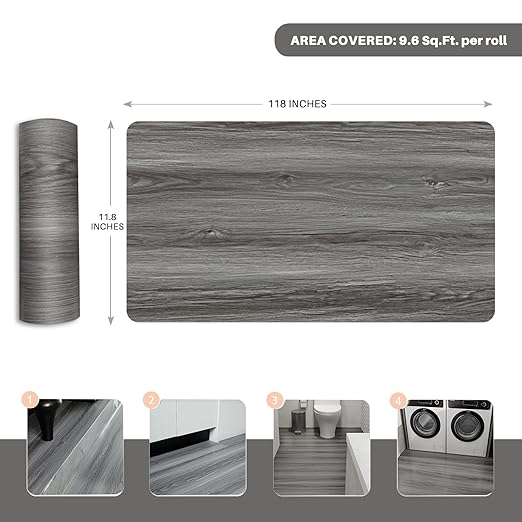 Wood Grain Peel and Stick Floor Tiles – 11.8” Width, Full Roll Length of 118" – Versatile Design for Any Space, Grey Self Adhesive Vinyl Flooring, Waterproof and Non-Slip Features