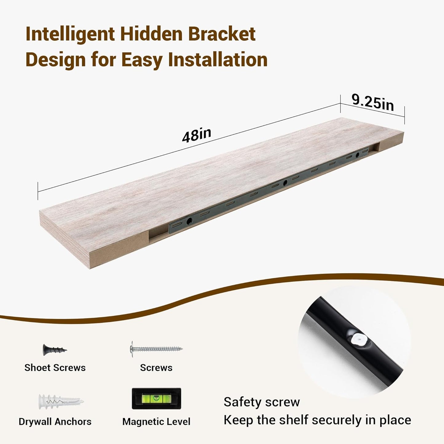 48 Inch Floating Shelves, 3D Textured Wood Grain, 48"x9.25"x1.5" Inch Deep Floating Shelves for Wall, Wooden Shelves for Bathroom, Bedroom, Living Room, Washed White