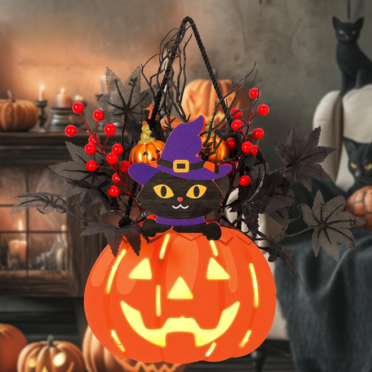 Halloween Pumpkin Decorations, Lighted Jack-O-Lantern with Maple Leaves Berries Black Cat, Halloween Door Sign Wood Pumpkin Lights for Front Door Indoor Outdoor Yard Party Cartoon Hanger Decor