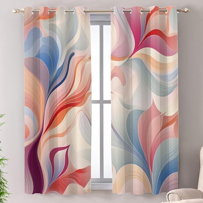Shrahala Colorful Waves Blackout Window Curtains, Fluid Abstract Pattern Thermal Insulated Curtains Grommet Long Drapes for Bedroom,Living Room (2 Panels, 52 X 63 in)