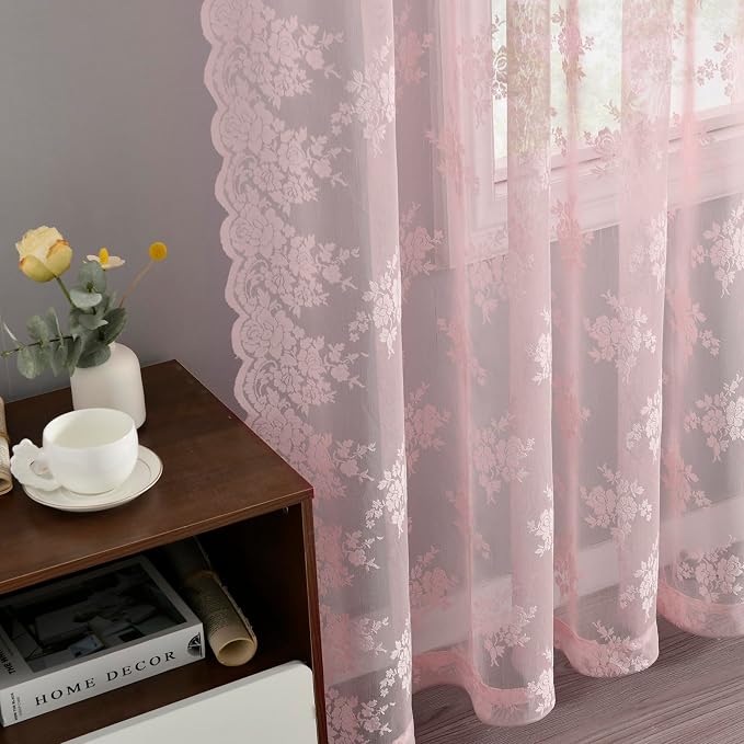 Kotile Pink Lace Curtains 63 Inch Length, 2 Panles, W42 x L63 Inch Each, Cottagecore Floral Pink Sheer Curtains for Girls Bedroom, Rod Pocket Privacy Light Filtering Vintage Lacy Curtain for Windows