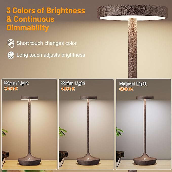 Rechargeable Cordless Table Lamp, 6000mAh Battery Powered LED Desk Lamp, Portable Metal Touch Lamp with 3-Level Dimming, Waterproof Outdoor Light for Patio, Restaurant, Dining (2 Rust)
