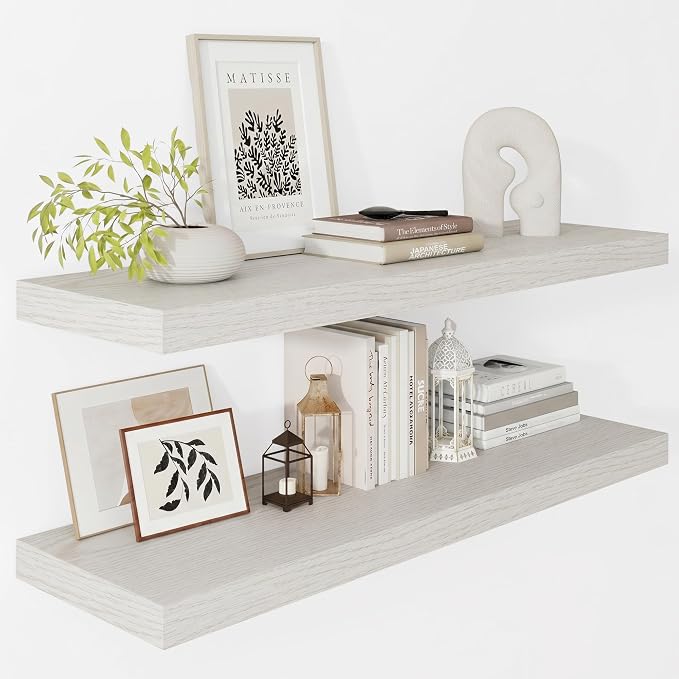 Vivelove 12 Deep Floating Shelves for Wall, 36 Inch Shelves for Room Wall Mounted, 2" Thick Floating Shelf for Living Room Bedroom Bathroom Kitchen Laundry Room, Set of 2 White Birch
